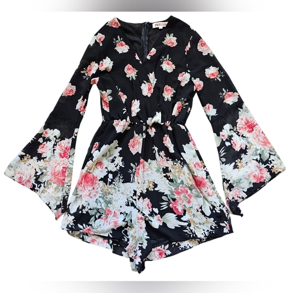 Persun Pants - Floral Bell Sleeve Romper, Zipper Back And Elastic Waist.  Size Small